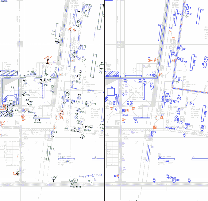 Beispiel: Ausführungsplanung mit Notizen als Input – rechts der Revisionsplan im CAD