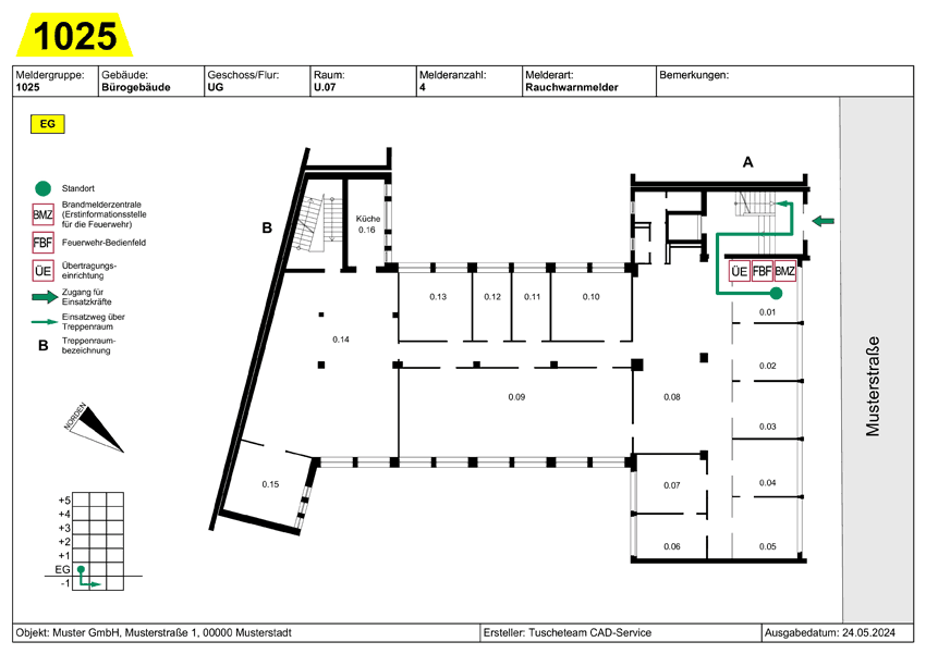 Feuerwehrlaufkarte nach DIN 14675 – Vorderseite – Beispiel